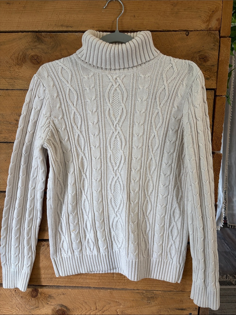 Turtleneck Cable Knit Sweater - Cream cotton
